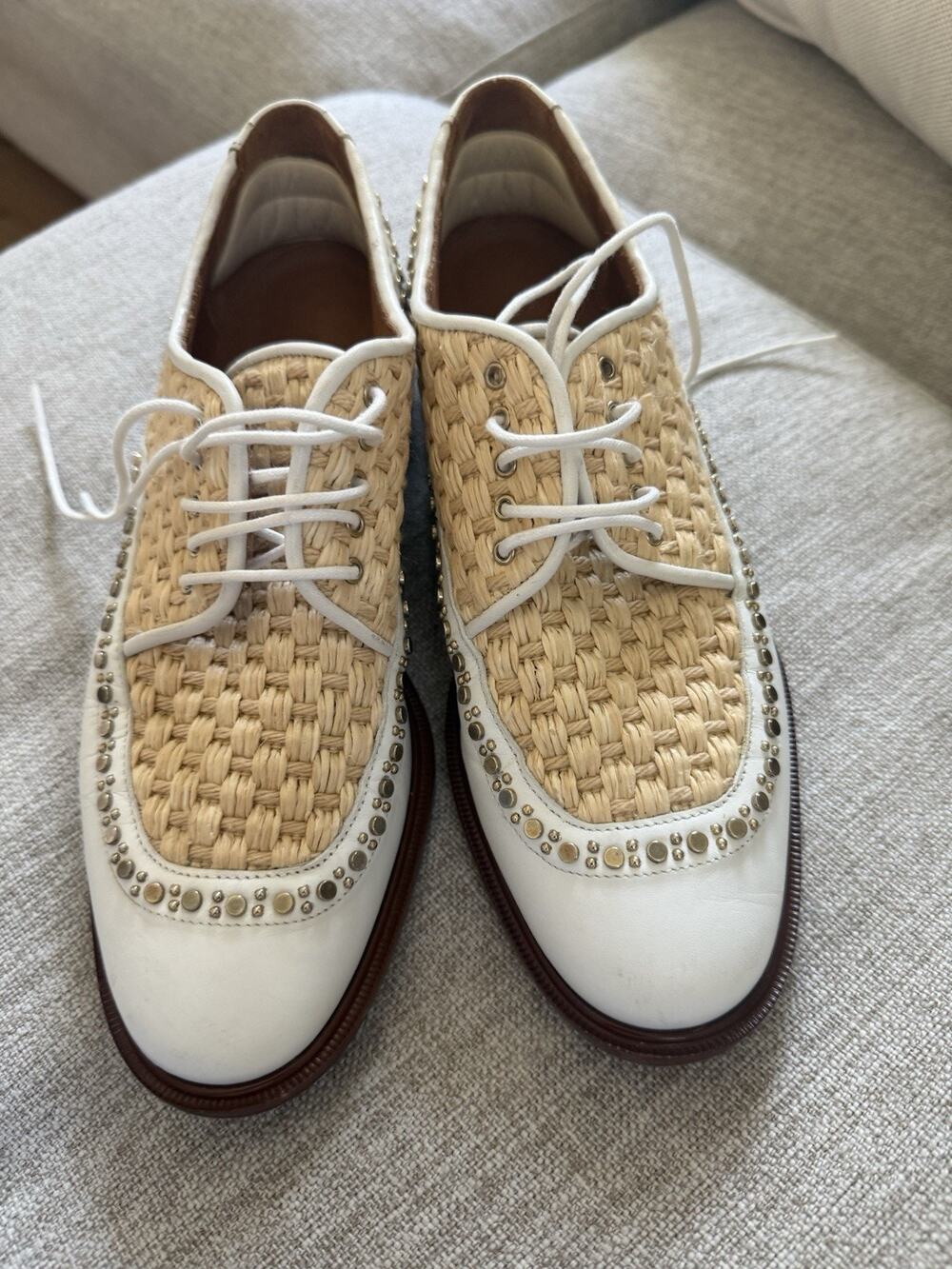 Robert Clergerie French White Raffia Leather Oxford Shoes - 37.5